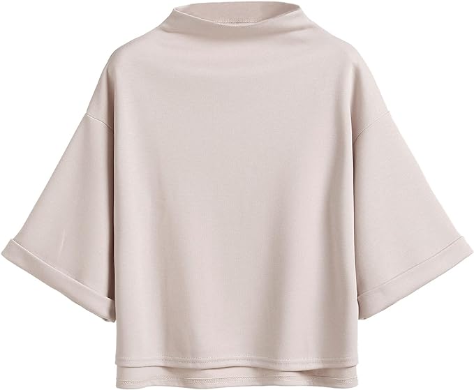 SweatyRocks Women's 3-4 Sleeve Mock Neck Basic Loose T-Shirt Elegant Top Amazon