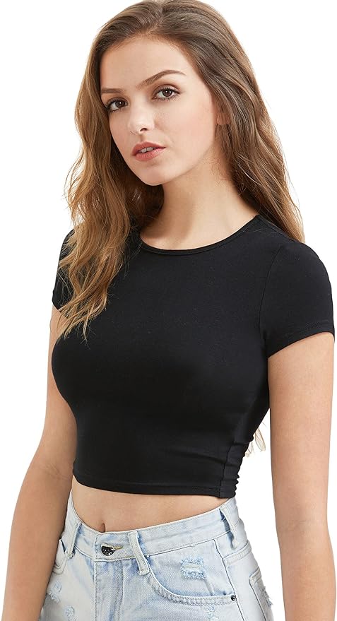 SweatyRocks Women's Basic Short Sleeve Scoop Neck Crop Top Amazon