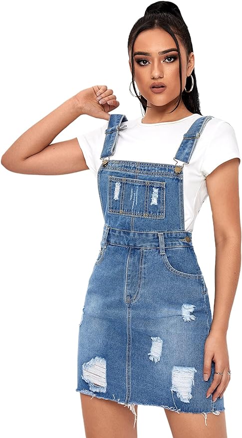 SweatyRocks Women's Distressed Adjustable Strap Denim Overall Dress Amazon