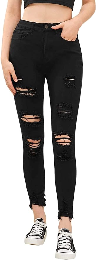 SweatyRocks Women's Hight Waisted Stretch Ripped Skinny Jeans Distressed Denim Pants Amazon
