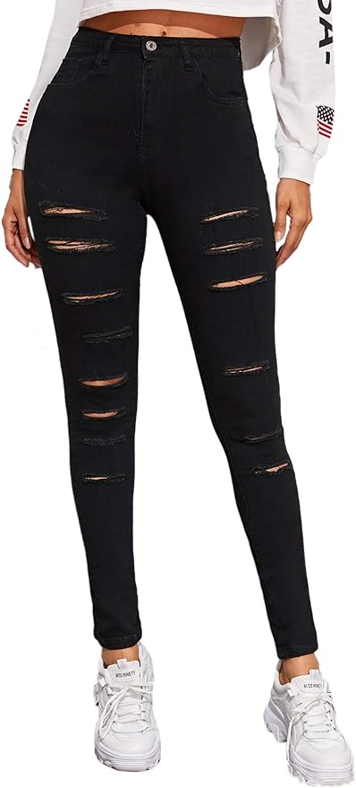 SweatyRocks Women's Hight Waisted Stretch Ripped Skinny Jeans Distressed Denim Pants Amazon