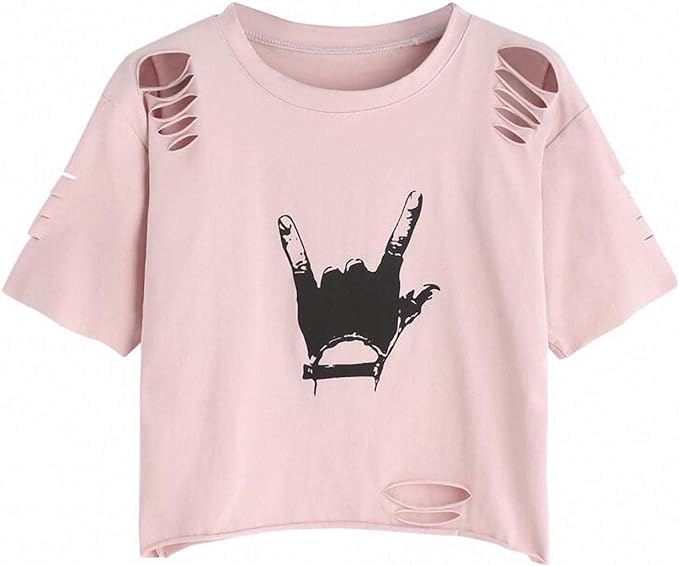 SweatyRocks Women's Short Sleeve T Shirt Graphic Print Distressed Crop Top Amazon
