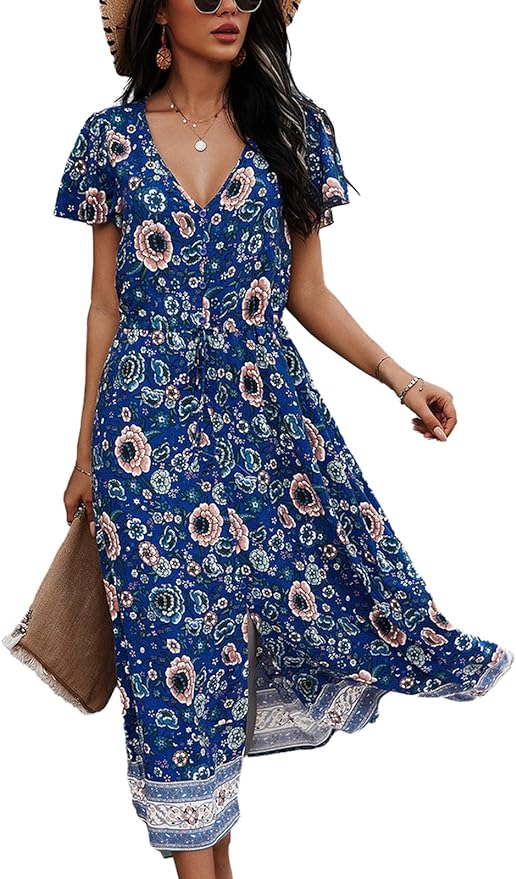 TEMOFON Women's Dresses Summer Bohemian Casual Short Sleeve Floral Print Maxi Dress S-2XL Amazon
