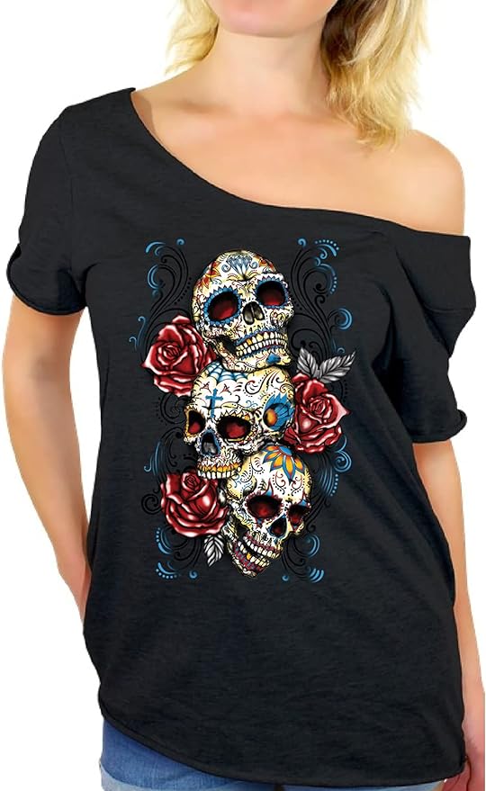 Three Sugar Skulls with Roses Off Shoulder Tops T-Shirt + Sticker Gift Amazon