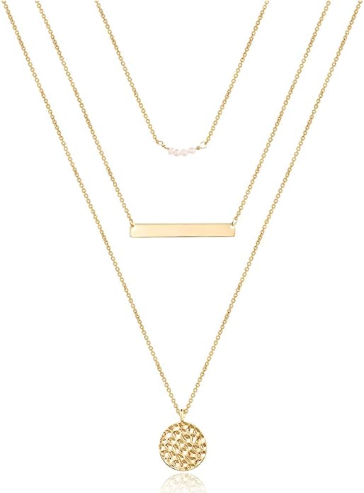 Turandoss Dainty Layered Choker Necklace, Handmade 14K Gold Plated Y Pendant Necklace Multilayer Bar Disc Necklace Adjustable Layering Choker Necklaces for Women Amazon