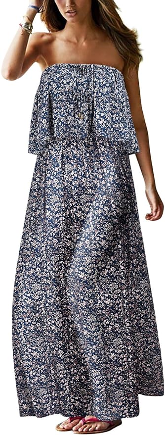 UIMLK Women's Summer Strapless Maxi Dress Long Beach Boho Floral Printed Vacation Dresses Amazon