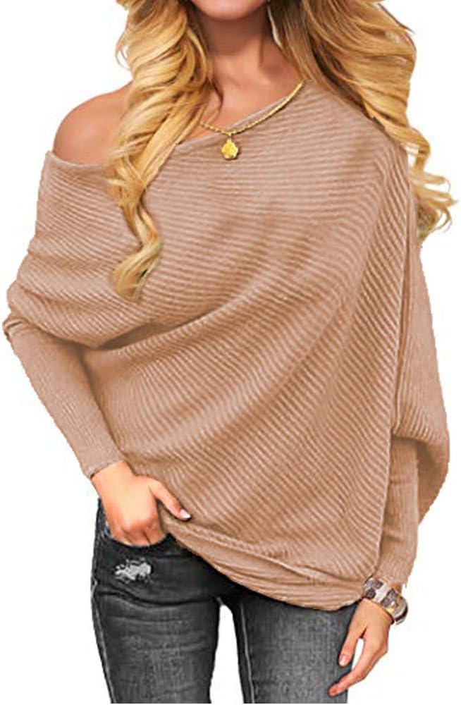 VOIANLIMO Women's Off Shoulder Knit Jumper Long Sleeve Pullover Baggy Solid Sweater Amazon