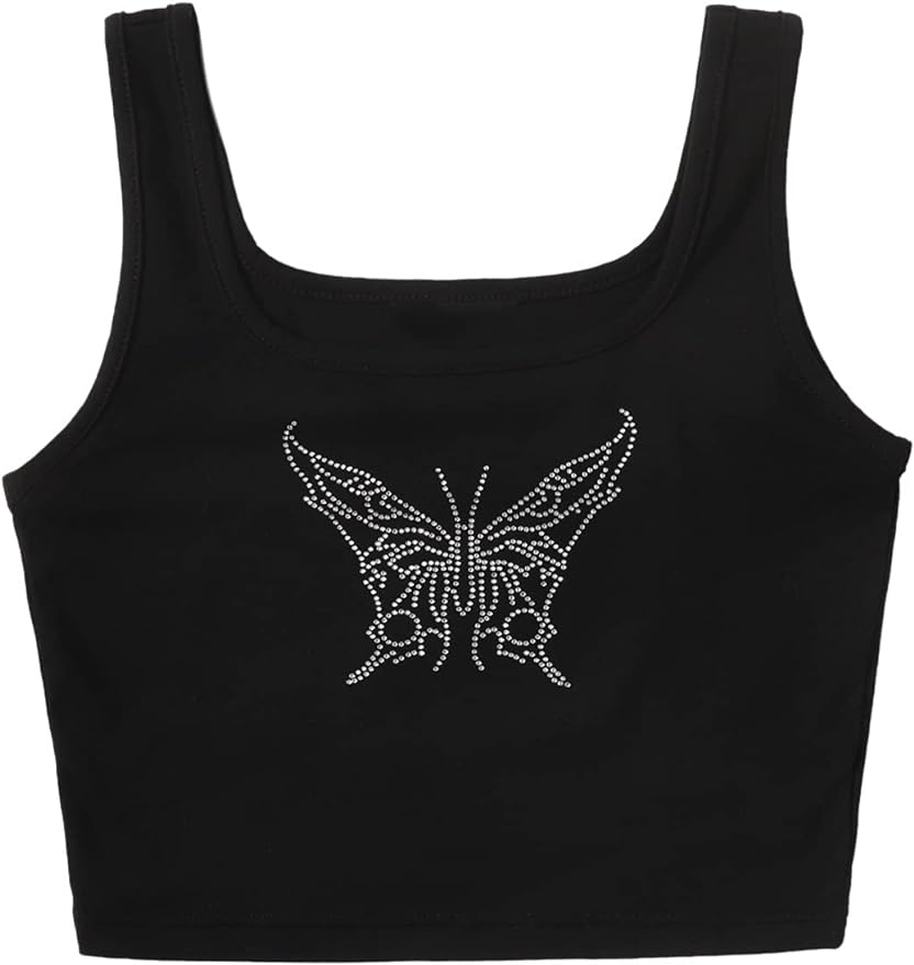 Verdusa Women's Square Neck Sleeveless Rhinestone Butterfly Tank Crop Top Amazon