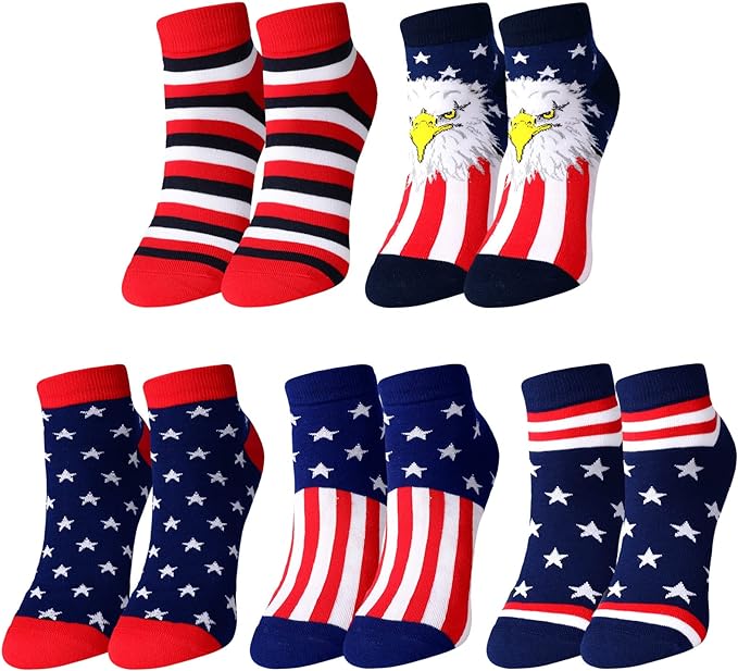 Vicenpal 5 Pairs Unisex American Flag Socks USA Stars Striped Patriotic Low Socks Lightweight Cotton Novelty Low Cut Ankle Dress Socks Gifts for Christmas Teen Girl Men Women Amazon