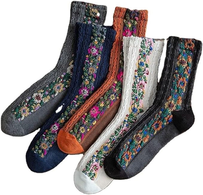 Women's Floral Design Vintage Crew Socks Ethnic Jacquard Knit Set, Blue, Gray, Pink, Yellow,Purple, 7 (WS5B) Amazon