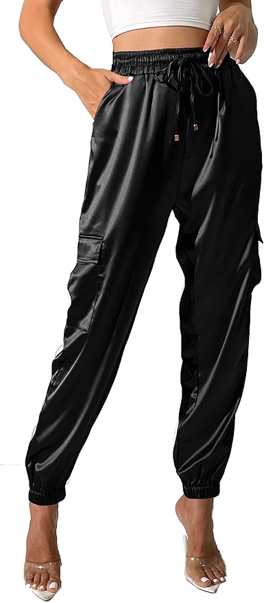 Women's Satin Cargo Joggers Pants Dressy Casual Silky Elastic High Waist Trousers Amazon