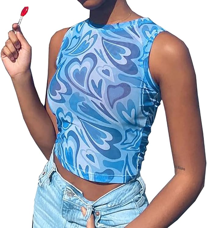 Y2k Mesh Crop top for Women Sexy See Through Heart Wave Print Cute Summer Tanks Amazon