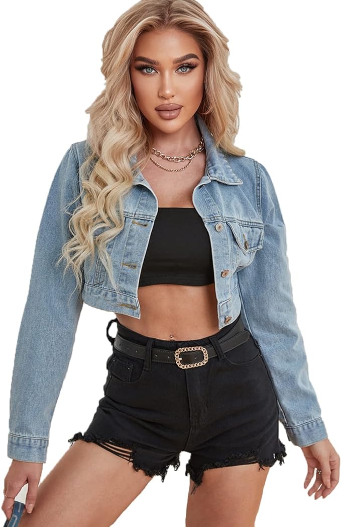 YILANUOYI Women's Cropped Jean Jacket Button Up Casual Ripped Frayed Washed Denim Jacket Amazon