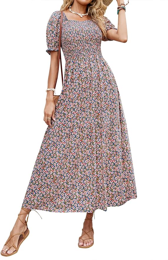 ZESICA Women's 2024 Summer Boho Floral Print Square Neck Ruffle Swing Beach Long Maxi Dress Amazon