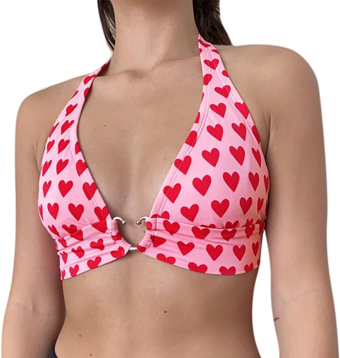 ZGMYC Women Cute Heart Print Cami Crop Top Sexy Deep V Neck Halter Tank Top Sleeveless Tie Back Bustier Amazon
