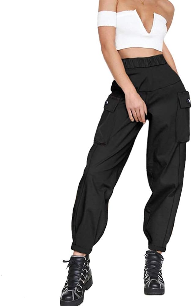 guyueqiqin Women's Cargo Pants, Casual Outdoor Solid Color Elastic High Waisted Baggy Jogger Workout Pants with Pockets Amazon
