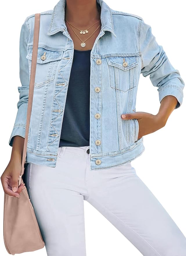 luvamia Women's Basic Button Down Stretch Fitted Long Sleeves Denim Jean Jacket Amazon
