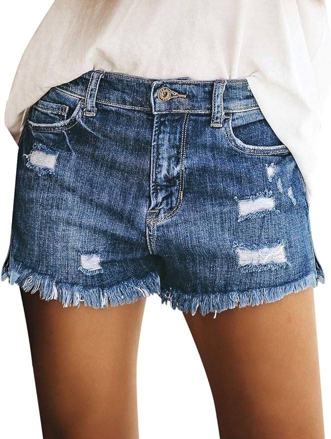 luvamia Women's Casual Mid Rise Denim Shorts Stretch Ripped Raw Hem Jean Shorts