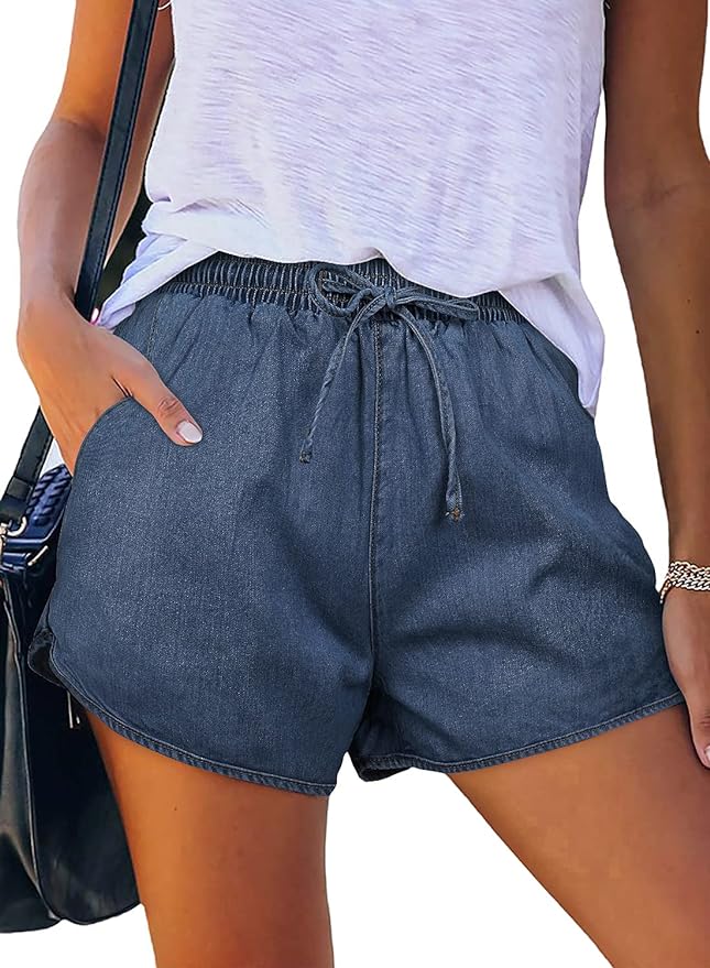 onlypuff Womens Denim Shorts Mid Waist Drawstring Pocketed Frayed Casual Jean Shorts for Summer Amazon