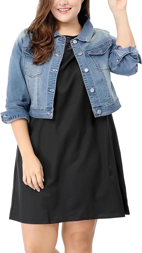 uxcell Women's Plus Size Button Closed Cropped Denim Jackets Stitching Amazon