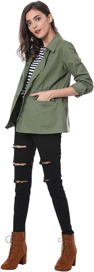 Allegra K Women's Utility Jackets Drawstring Waist Flap Pockets Lightweight Jacket from Amazon Green Style Sample With model