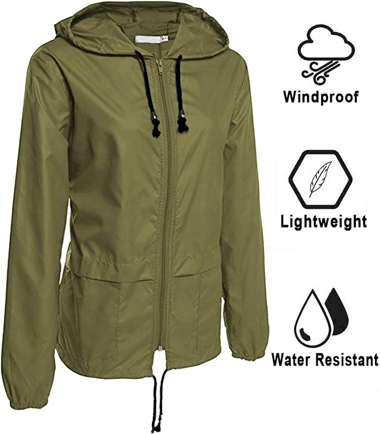 Avoogue Raincoat Women Lightweight Waterproof Rain Jackets Packable Outdoor Hooded Windbreaker from Amazon Army Green details