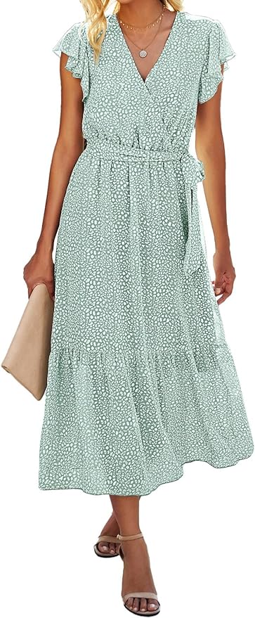 BTFBM Women Summer Bohemian Floral Casual Wrap V Neck Ruffle Cap Sleeveless Belt A-Line Pleated Hem Midi Sun Dress from Amazon