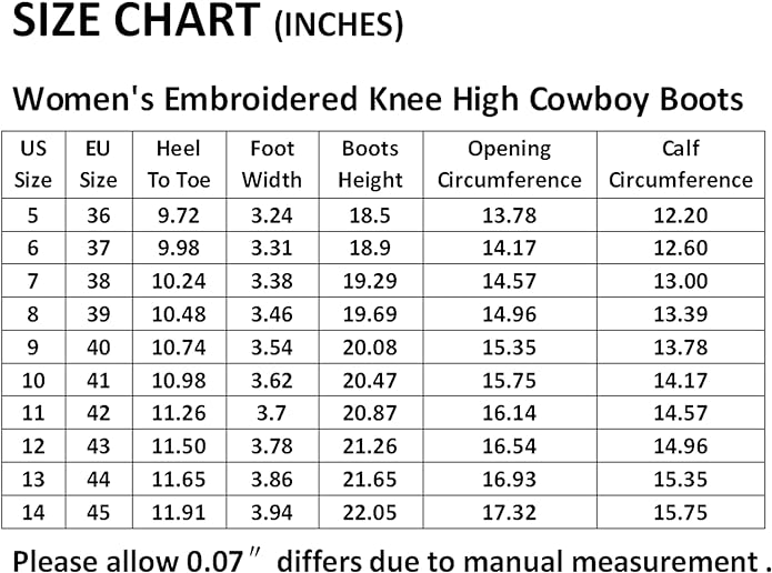 CIERWS Women’s Embroidered Western Cowgirl Boots Cowboy Boots Knee High Medium Heel Chunky Heel Retro Classic Boot Size Chart from Amazon