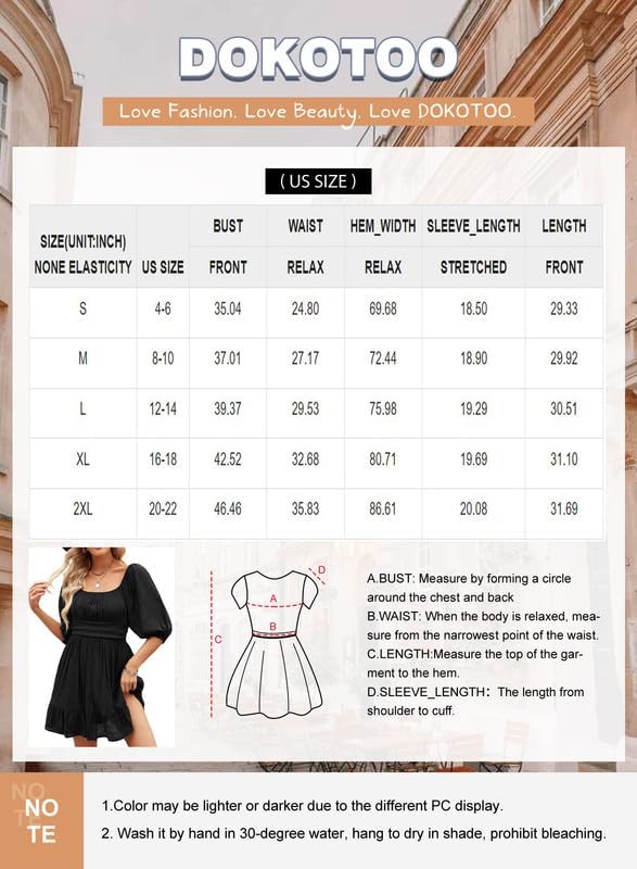 Dokotoo Womens Summer Dresses Square Neck Tie Back Lantern Sleeve Ruffle A-Line Casual Dress from Amazon Size Chart