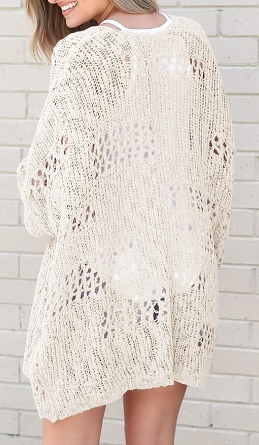 Ermonn Womens Crochet Cardigan Sweater Kimonos Boho Solid Color Oversized Summer Open Front Outwear back side from Amazon