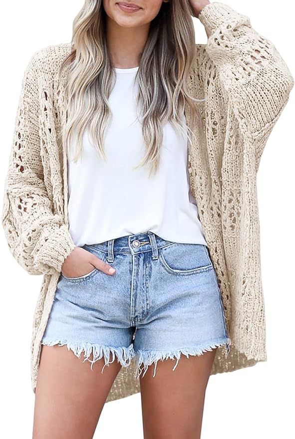 Ermonn Womens Crochet Cardigan Sweater Kimonos Boho Solid Color Oversized Summer Open Front Outwear front from Amazon