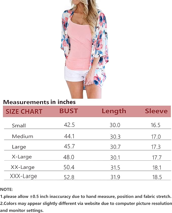 FINOCEANS Womens Floral Chiffon Kimono Cardigans Loose Beach Cover Up Half Sleeve Tops Size Chart from Amazon