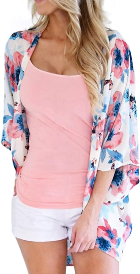 FINOCEANS Womens Floral Chiffon Kimono Cardigans Loose Beach Cover Up Half Sleeve Tops front from Amazon