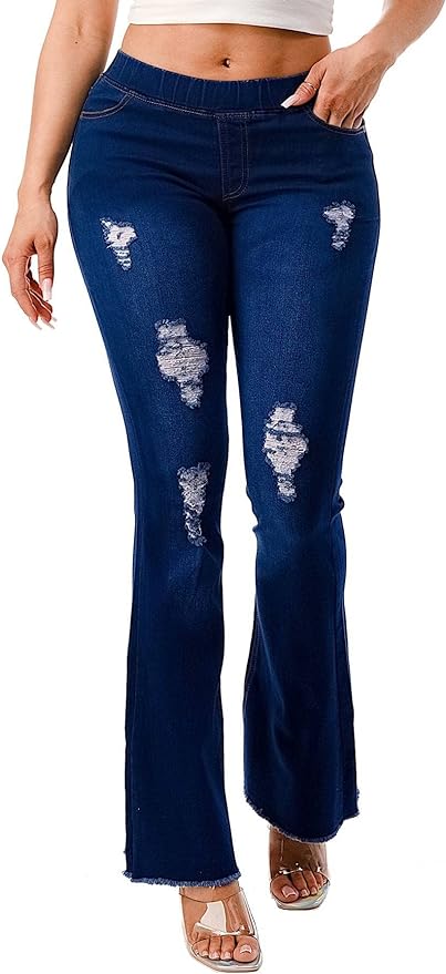 Flared Jeans for Women Ripped Bootcut Flare Leg Strech Denim Jeggings High Waisted Pull On Pants from Amazon