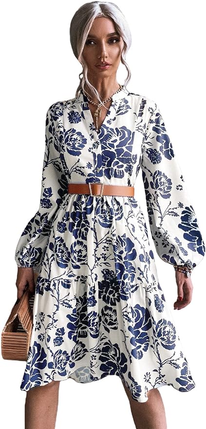 Floerns Women's Floral Print V Neck Ruffle Hem Lantern Long Sleeve Midi Dress Amazon