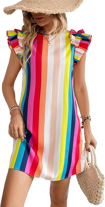 Floerns Women's Solid V Neck Ruffle Trim Cap Sleeve Summer Tunic Dress Amazon