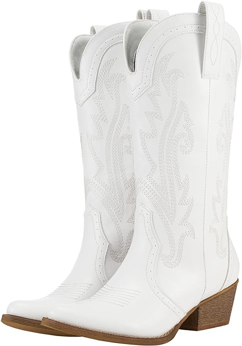 HISEA Rollda Cowboy Boots Women Western Boots Cowgirl Boots Ladies Pointy Toe Fashion Boots White from Amazon