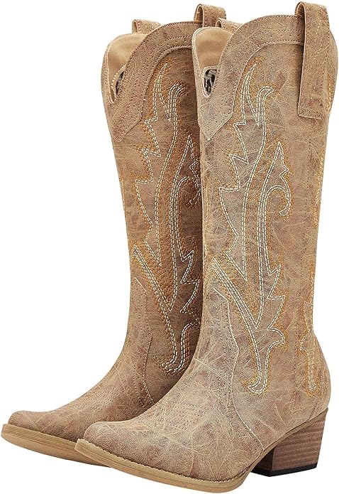 HISEA Rollda Cowboy Boots Women Western Boots Cowgirl Boots Ladies Pointy Toe Fashion Boots from Amazon (color brown)