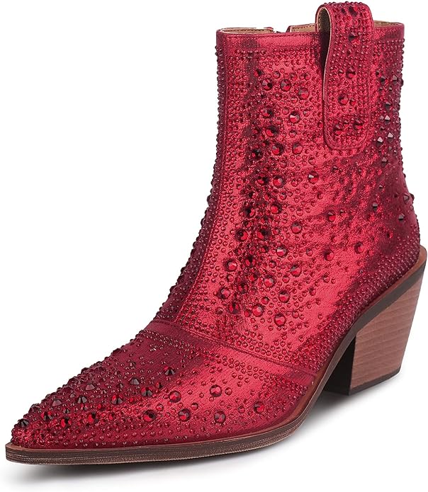Red ISNOM Rhinestone Cowboy Boots Sparkly Ankle Boots with Pointed Toe and Chunky Heel Design from Amazon