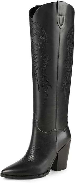 ISNOM Women’s Western Boots Knee High Boots, Cowboy Cowgirl Embroidered Chunky Block Heel Pointed Toes Boots from Amazon