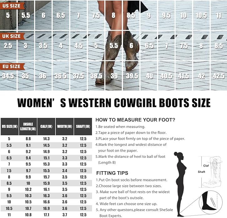 IUV Cowboy Boots For Women Mid Calf Western Boots Cowgirl Pull-On Tabs Pointy Toe Boot Size Chart from Amazon