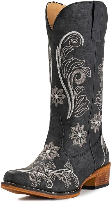 IUV Cowboy Boots For Women Mid Calf Western Boots Cowgirl Pull-On Tabs Pointy Toe Boot from Amazon