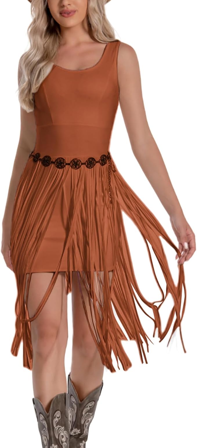 IUV Western Dress for Women Cowgirl Fringe Dresses Sleeveless Tank Tassel Skirt Country Summer Cowboy Outfit Without Belt from Amazon
