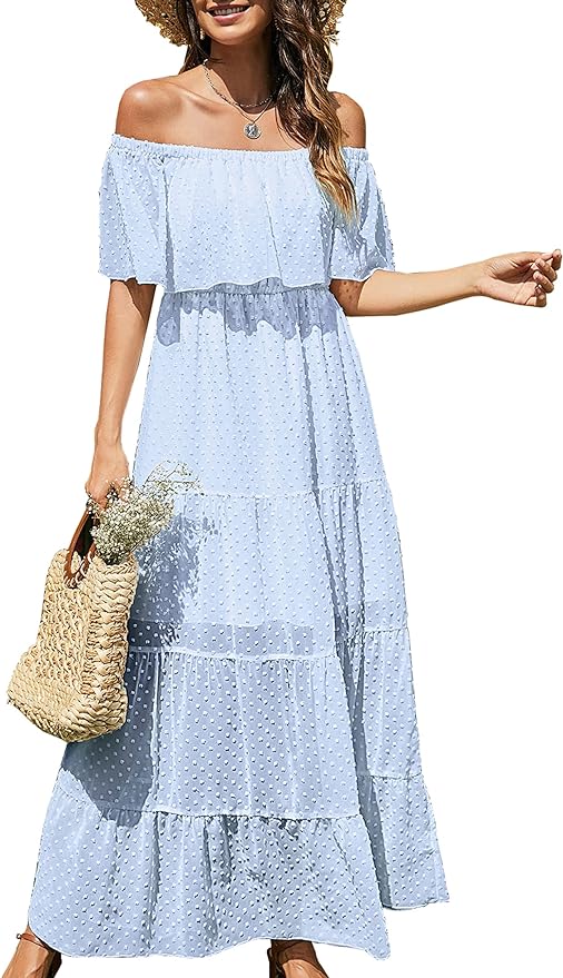 KIRUNDO Women's Summer Off Shoulder Maxi Dress Swiss Dot Short Sleeve High Waist Ruffle Tiered Flowy Long Dresses Amazon