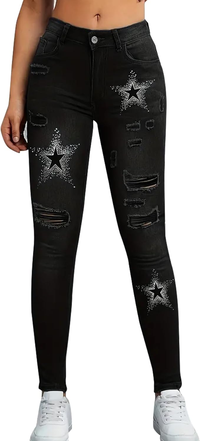 Kedera Women Rhinestone Star Ripped Skinny Jeans Stretch Destroyed Denim Jeans Pants from Amazon