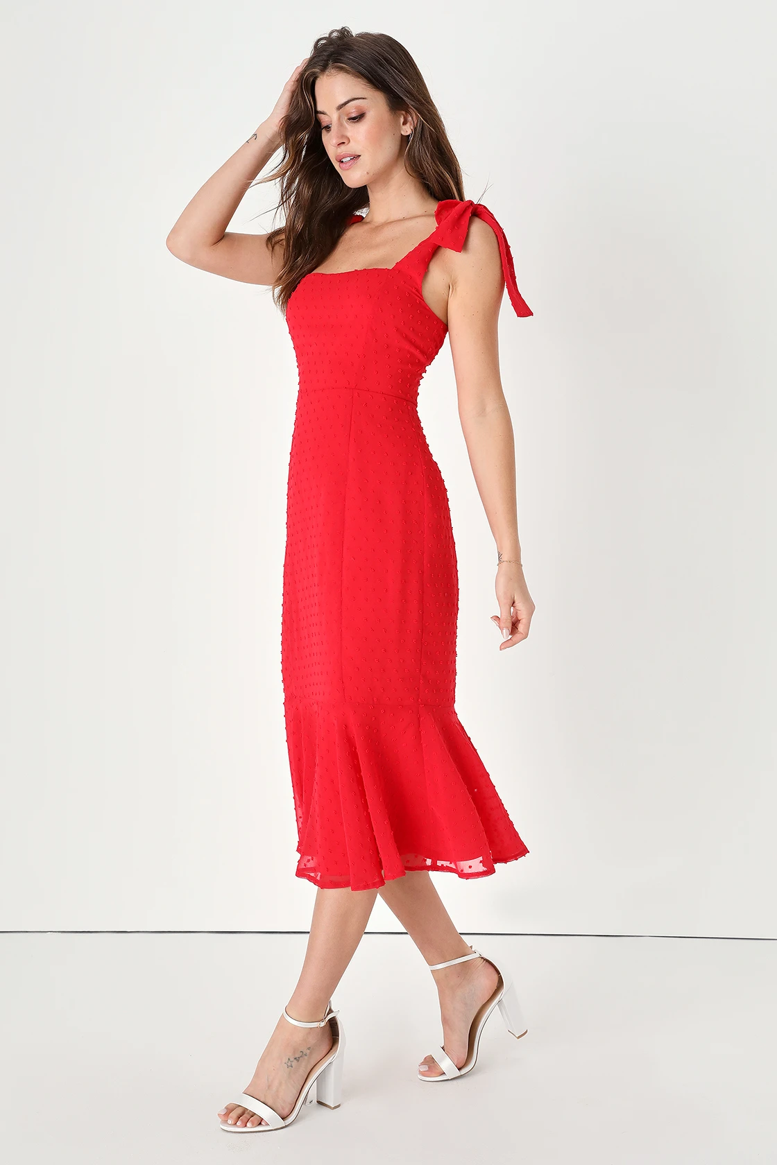Lulus Bimini Bright Red Swiss Dot Tie-Strap Midi Dress
