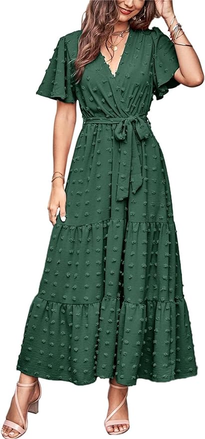 MASCOMODA Womens Boho Swiss Dot Maxi Dresses Wrap V Neck Flutter Short Sleeve Solid Tie Belt A Line Tiered Flowy Long Dresses Amazon