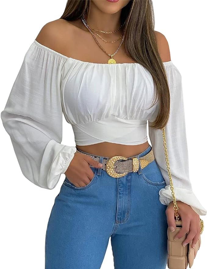 MIRACMODA Woman Off Shoulder Ruched Tie Back Crop Top Summer Lantern Sleeve Boho Shirt Blouse from Amazon
