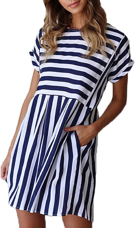 Naggoo Womens Summer Striped Short Sleeve T-Shirt Dresses Casual Swing Aline Dresses with Pocket from Amazon