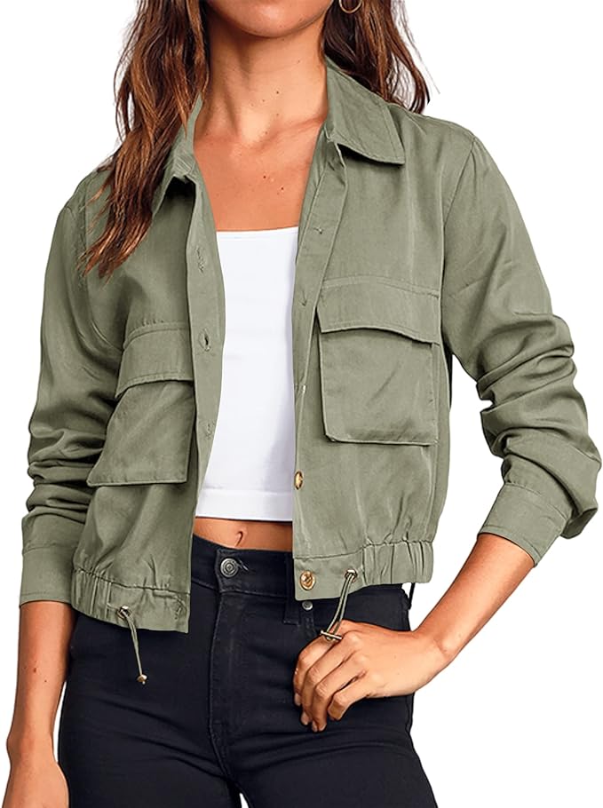 Onedreamer Women's Military Safari Cropped Jackets Button Down Lightweight Oversized Utility Anorak Coat with Pockets from Amazon